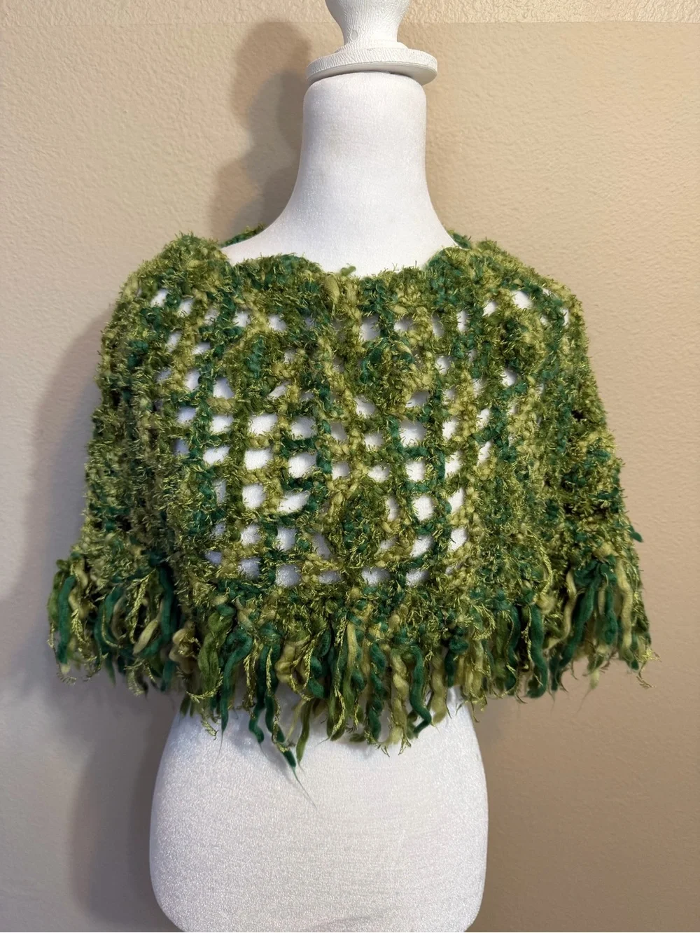 Handmade Green Fuzzy Fringe loose knit Crochet Shawl Cape